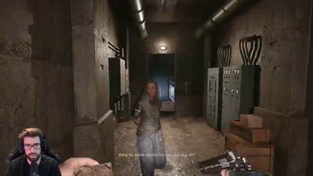 Zora speaking to Aidan in a utility corridor after the early Charlotte route